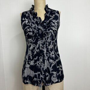 Banana Republic Ruffle Blouse Navy Blue White Floral Sleeveless